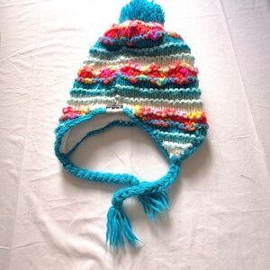 Screamer Colorfull Striped Ski Snow Knit Cap Fleece Lined w Ear Flaps & Pom Pom